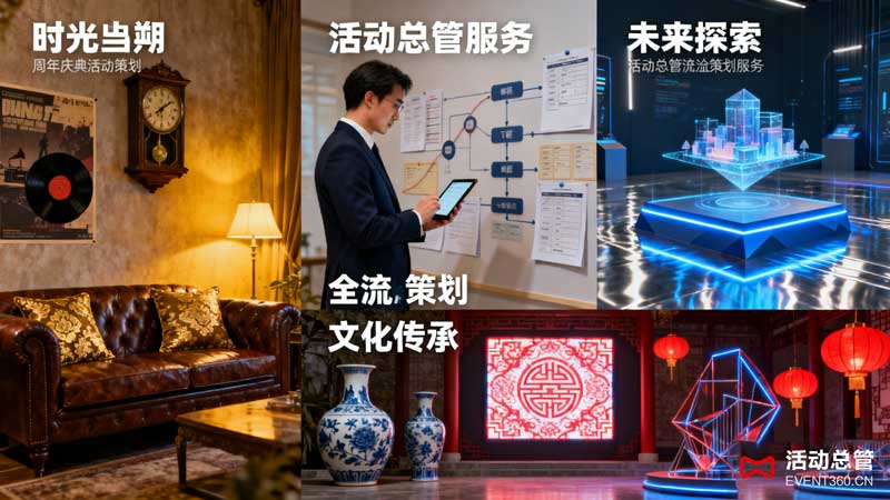 周年庆典活动策划创意主题展示 - 包含时光回溯、未来探索、文化传承等主题元素，活动总管提供全流程策划服务