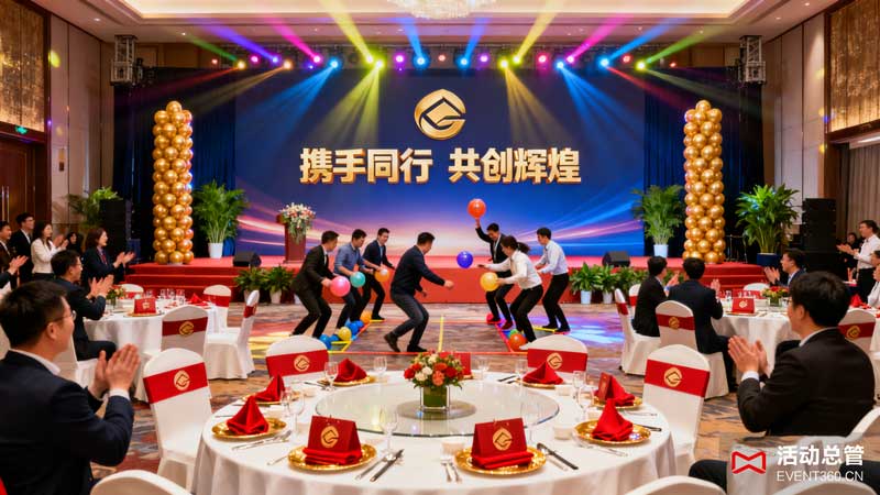 成功的公司年会策划案例现场 - 活动总管打造的高效难忘年会现场，展示团队互动与创意布置