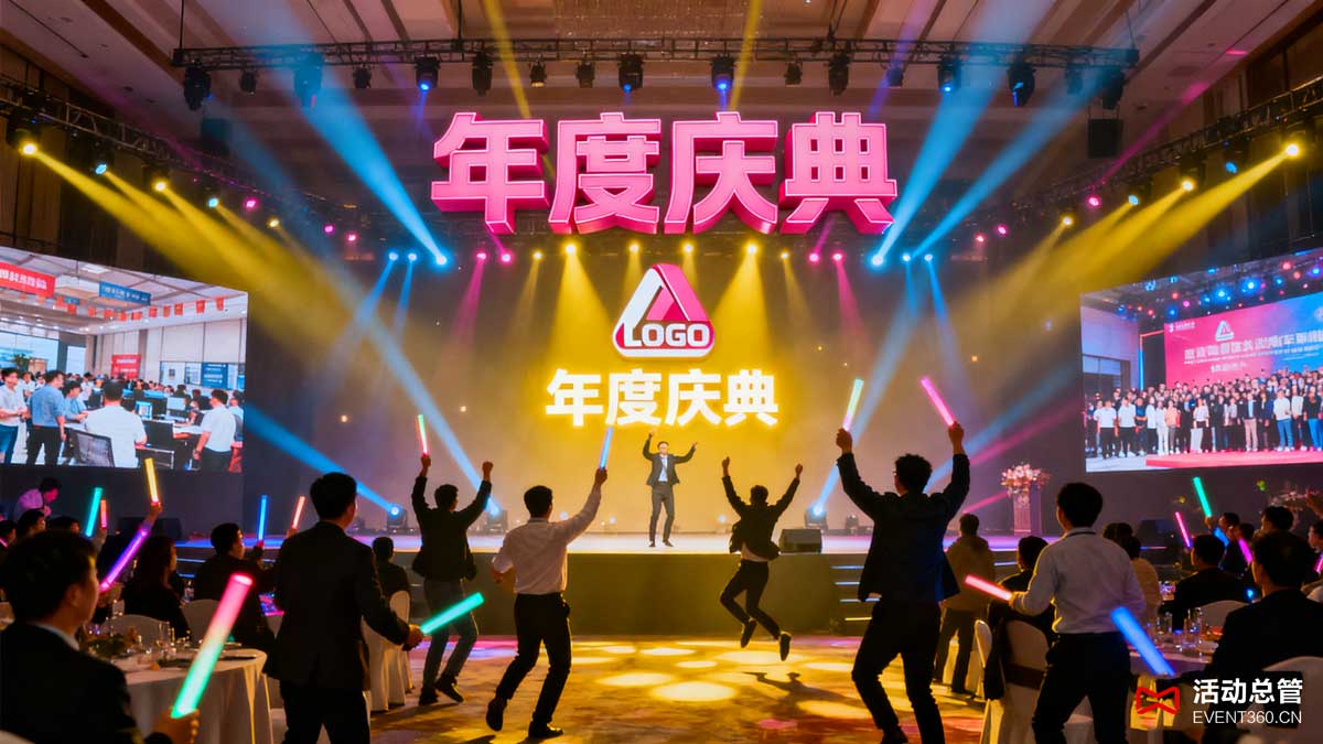 北京企业年会现场案例 - 活动总管策划执行的年度庆典，舞台灯光效果与员工互动场景