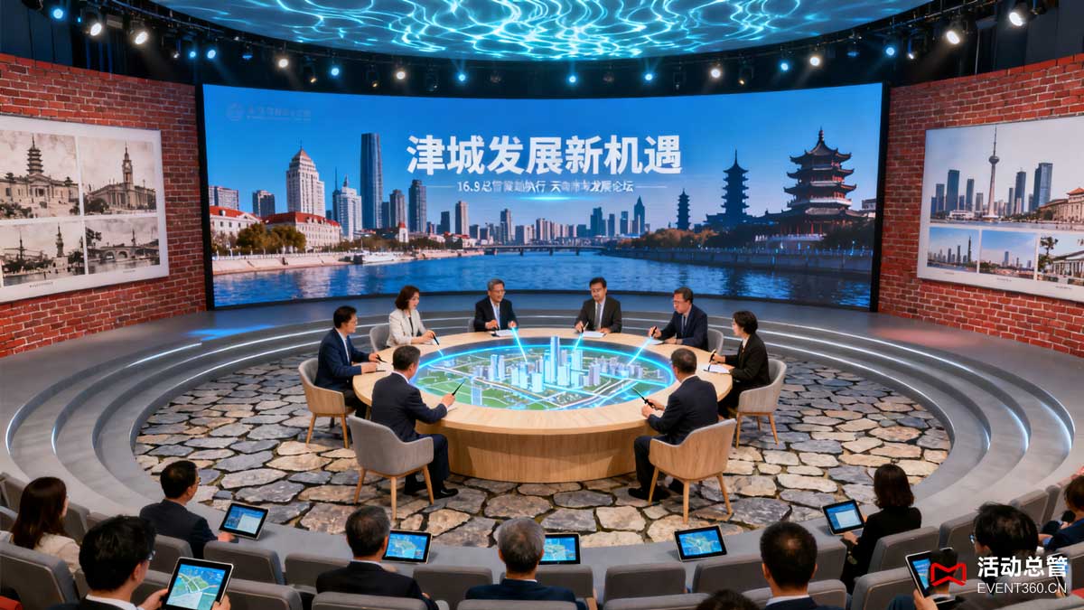 天津城市发展论坛现场案例 - 活动总管策划执行的天津发展论坛现场，嘉宾正在进行城市发展主题讨论