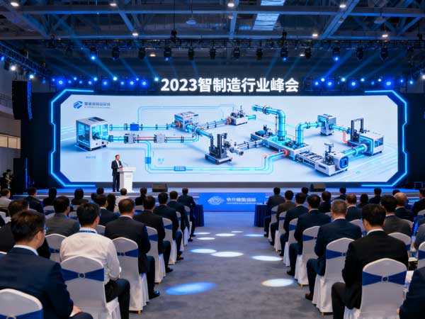 行业峰会现场，嘉宾正在演讲，台下听众认真聆听并做笔记