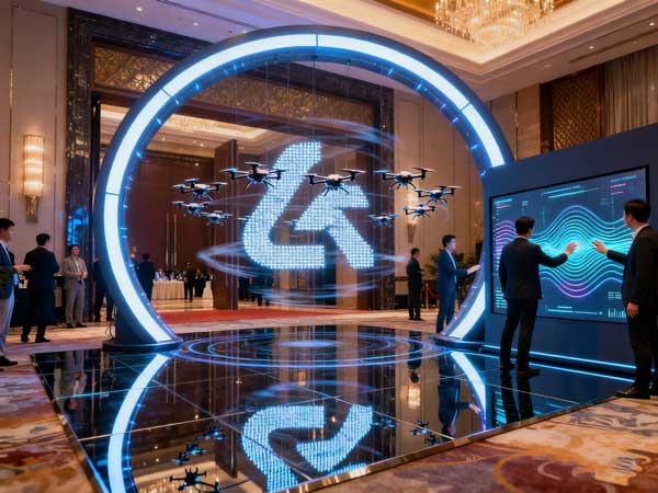 科技公司年会现场照片，舞台布置现代感十足，观众席座无虚席