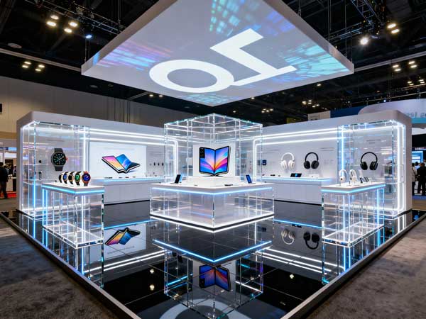 展会搭建效果，展台设计现代时尚，展示了多种产品