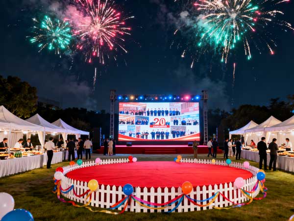 企业庆典活动现场，布置喜庆，嘉宾正在剪彩