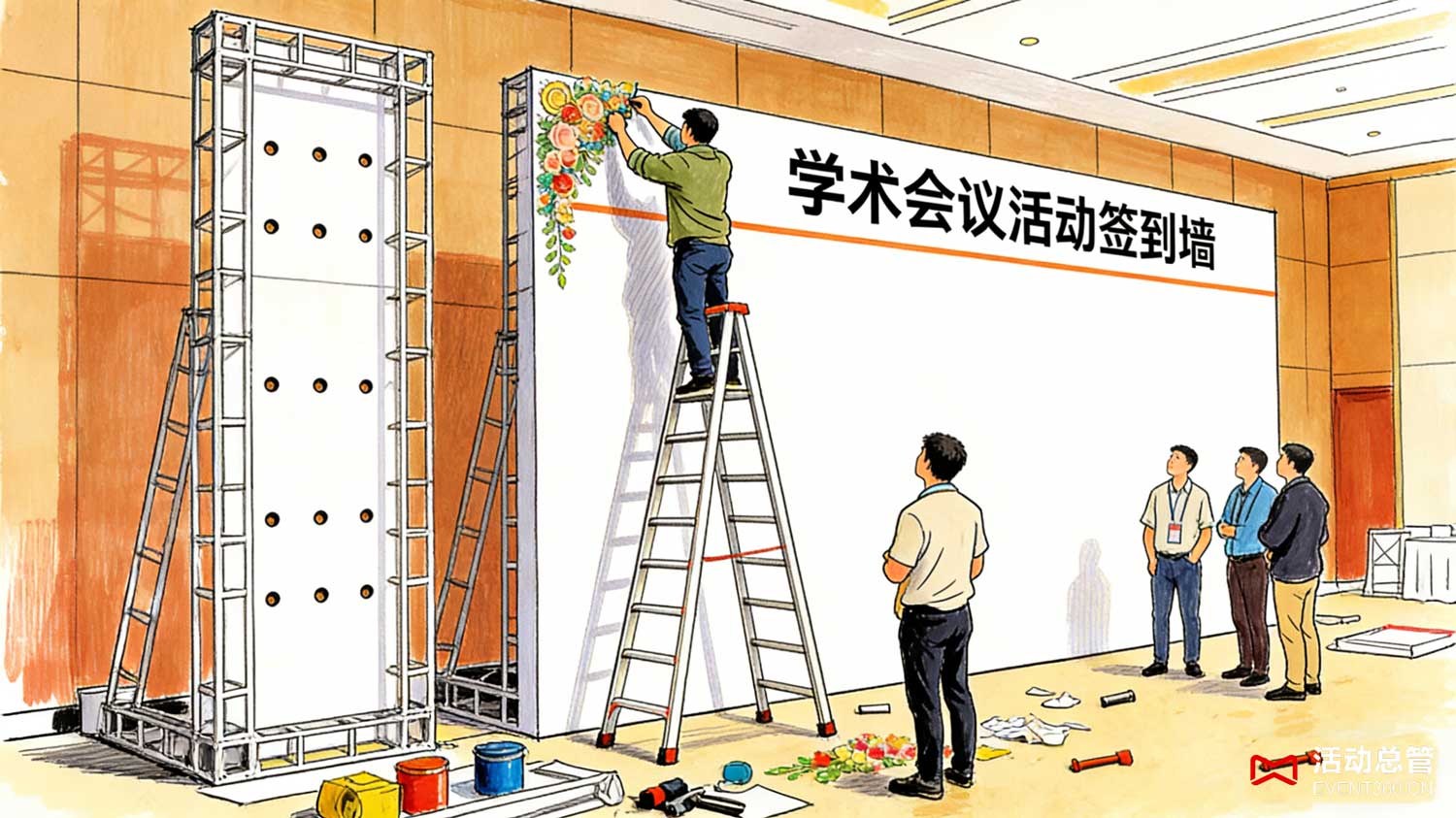 北京学术会议活动签到墙搭建现场 - 活动总管EVENT360为中科院学术年会定制的木质签到背景板效果