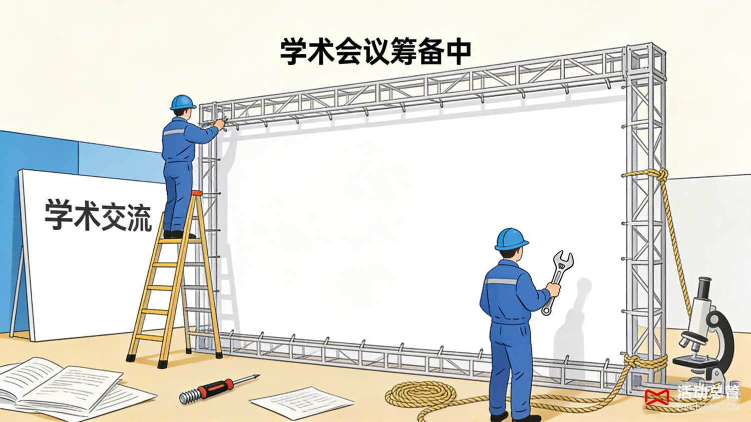 北京学术会议桁架背景板搭建现场 - 活动总管EVENT360为清华大学某生命科学论坛定制的铝合金桁架背景板效果，高清UV喷绘+简约学术风格设计