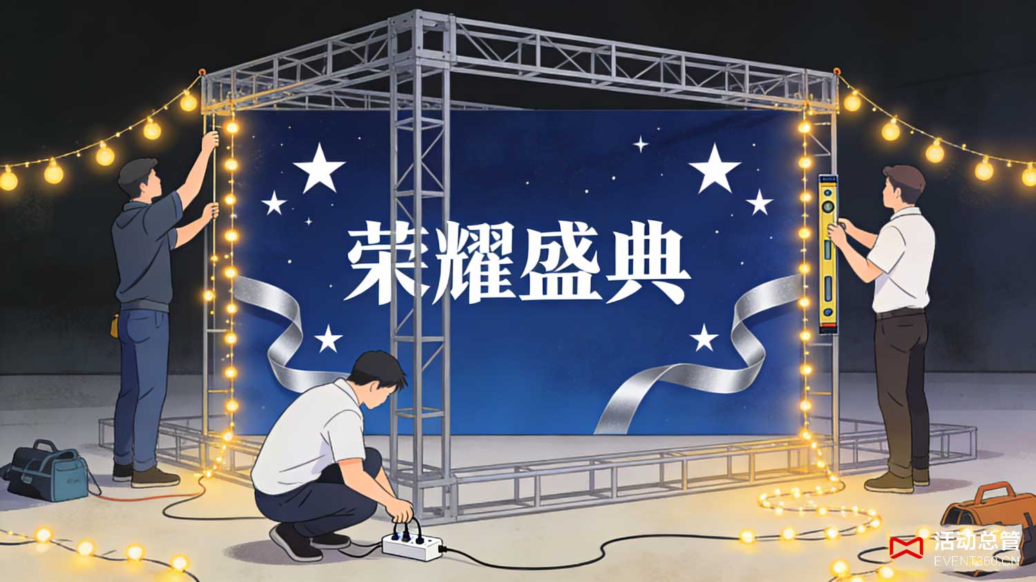 北京庆典桁架背景板搭建现场 - 活动总管EVENT360为北京科技企业周年庆定制的弧形桁架背景板+LED屏组合效果