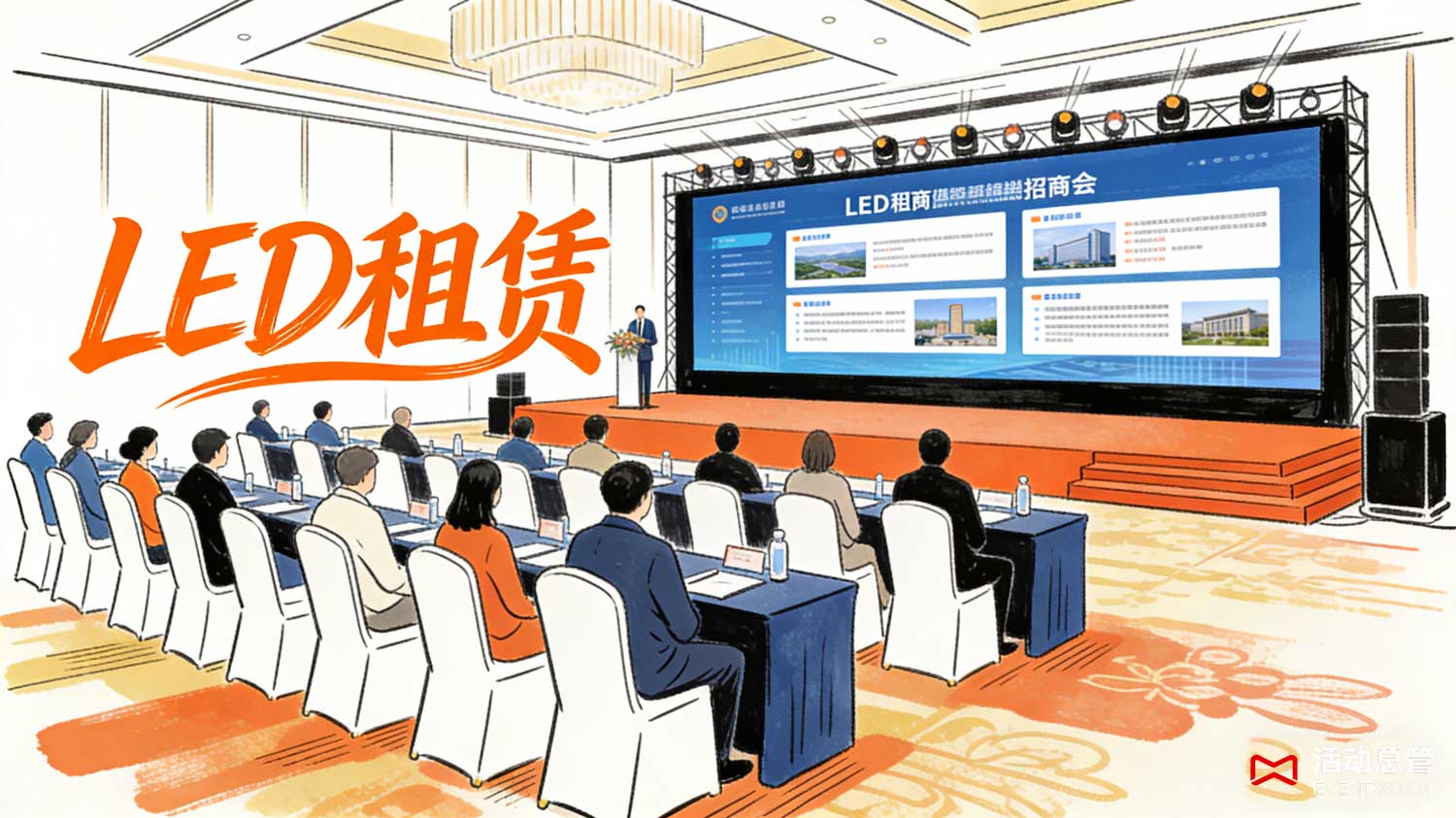 北京招商会LED显示屏租赁 - 4K高清LED大屏实景，适配酒店宴会厅招商会场，超高清显示品牌宣传片，亮度高无反光，提升品牌展示效果