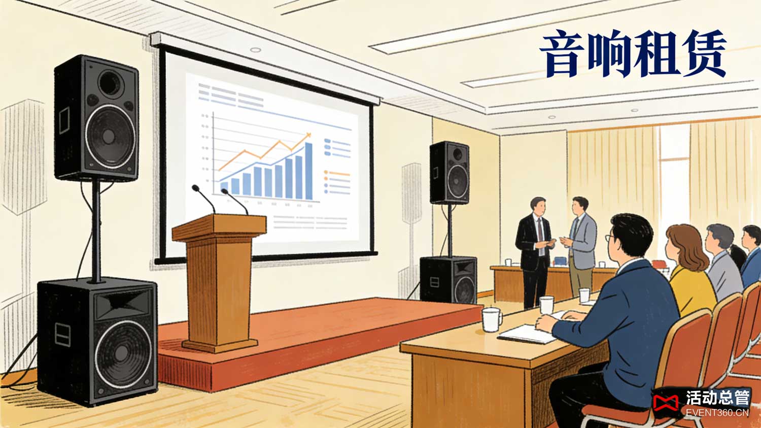 天津学术会议音响租赁 - 高保真音响设备在天津高校学术报告厅安装调试完毕，无线鹅颈麦克风搭配专业音箱确保学术观点清晰传达