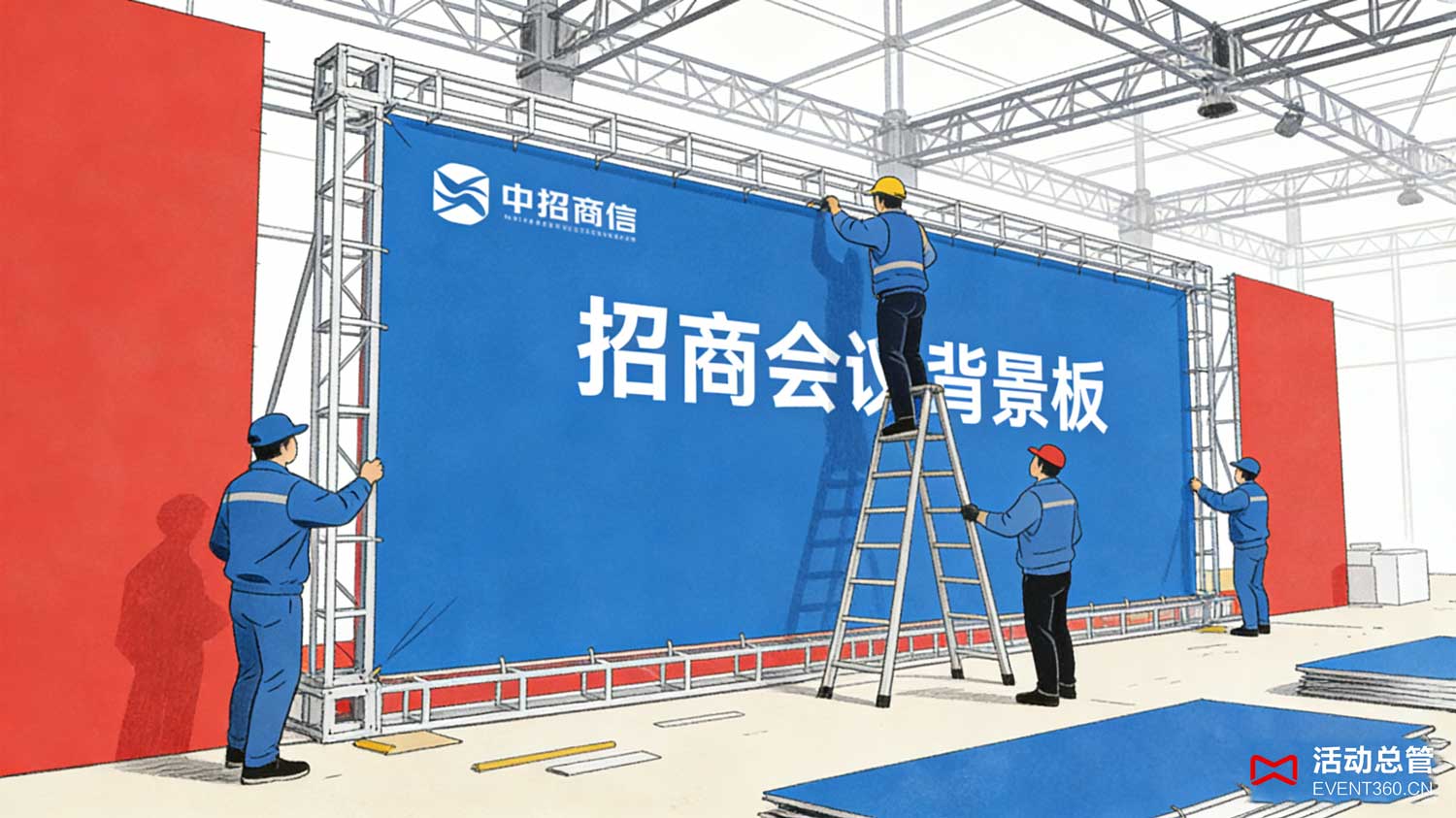 天津招商会会议背景板搭建现场 - 活动总管EVENT360打造的一站式会场布置效果